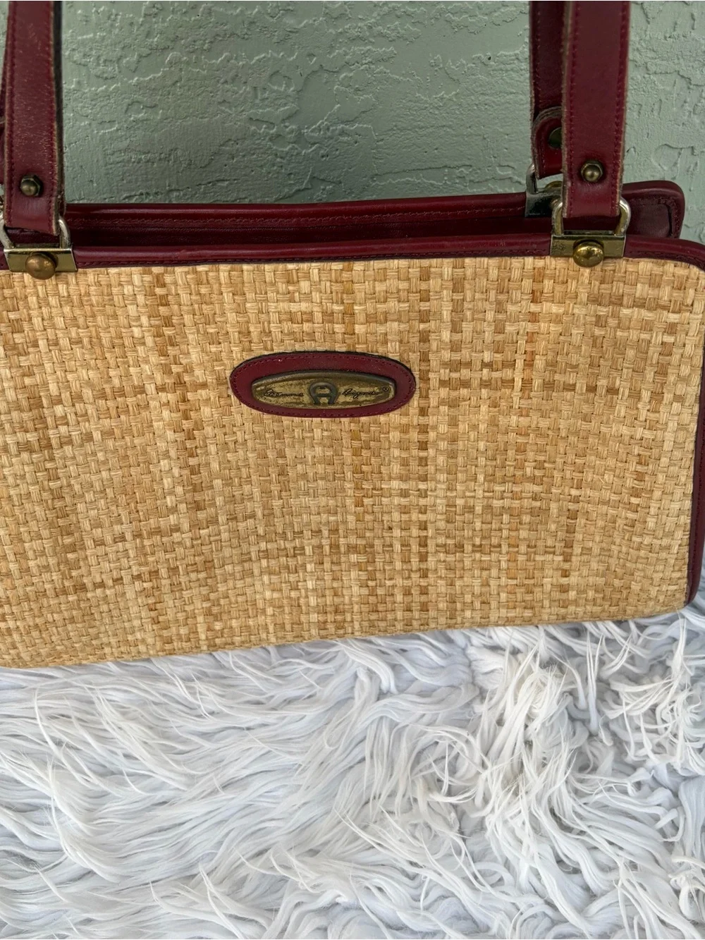 Vintage Etienne Aigner Natural Straw Shoulder Bag with Burgundy Trim - Picture 6 of 11